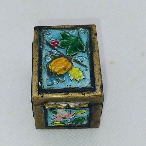 Vtg Chinese Cloisonné Enamel Brass Stamp Box Trinket Pill Floral Lilypad Design - Picture 11 of 11